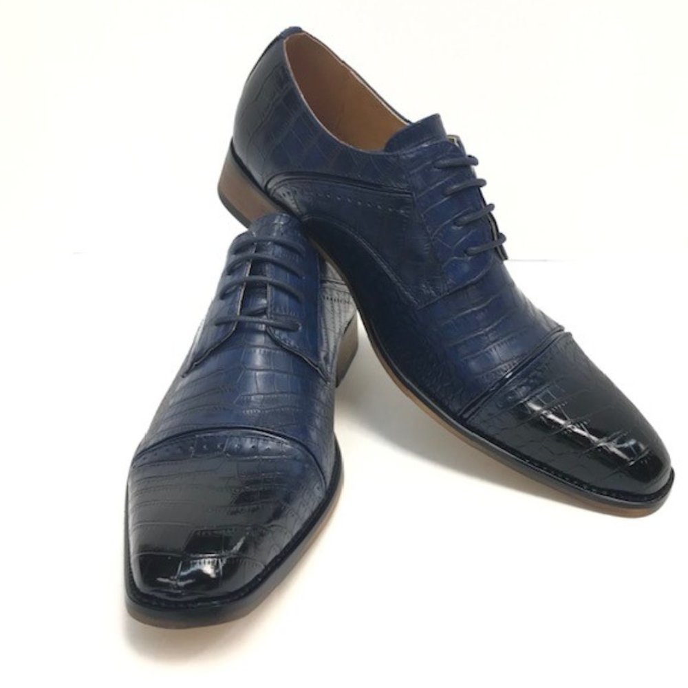 Amali Men's Navy-Blue Dress Shoes Crocodile Print Burnished Cap Toe Size 10